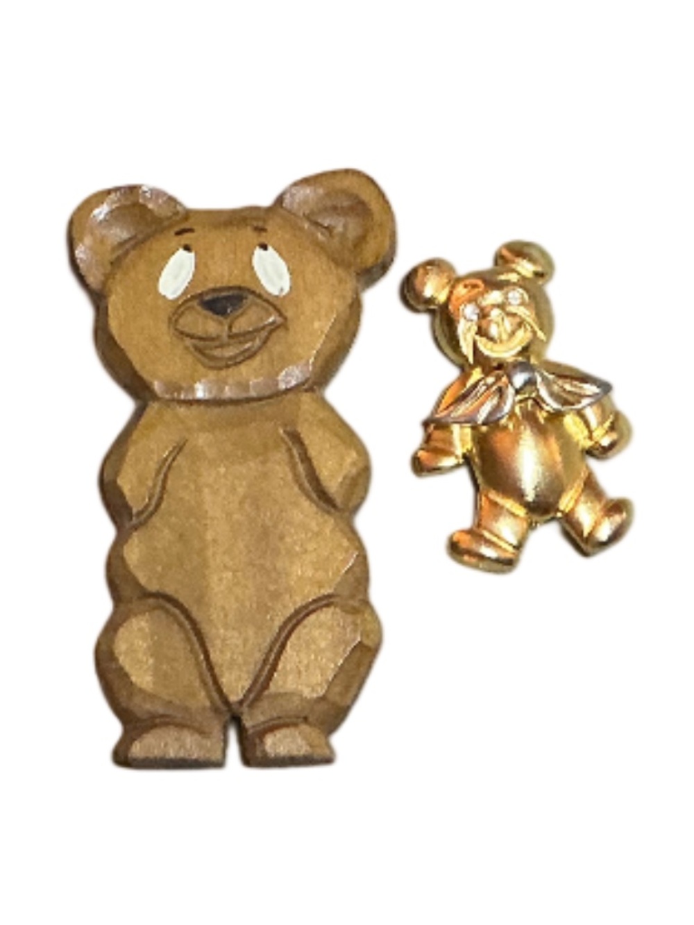 Vintage Teddy Bear Brooch Bundle (2) Wood Carved & Gold Tone Rhinestone Pin Cute
